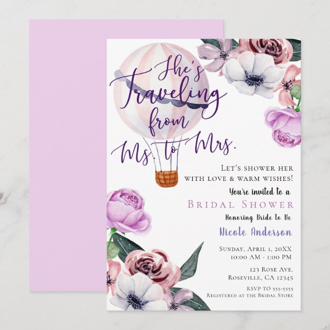 Invitación Viajar de la Sra. a la Sra. Bridal Shower lavender (Anverso / Reverso)