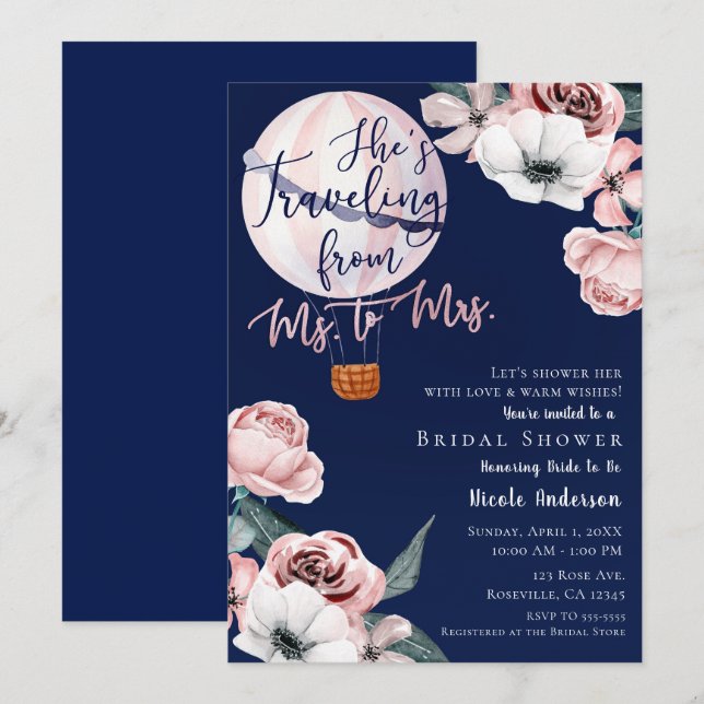 Invitación Viajar de la Sra. a la Sra. Bridal Shower Pink Blu (Anverso / Reverso)