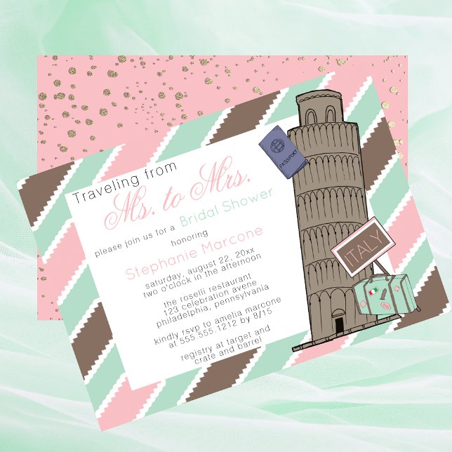 Invitación Viajar de la Sra. a la Sra. Italy Theme Bridal Sho (Traveling From Ms To Mrs Italy Travel Destination Leaning Tower of Pisa Bridal Shower Invitation)