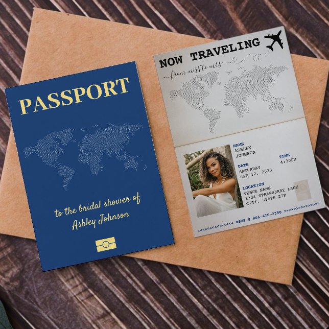 Invitación Viajar de Miss a señora Passport Bridal Shower (Traveling From Miss to Mrs Passport Bridal Shower Invitation
)
