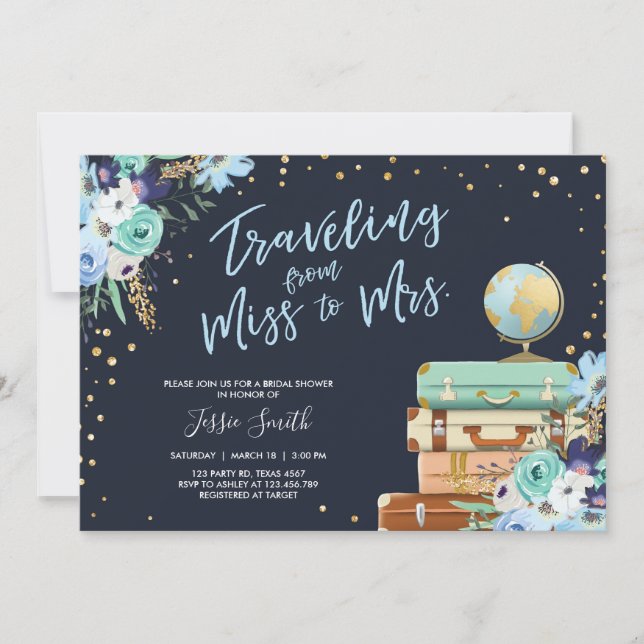 Invitación Viajar de Miss a Sra. Floral Bridal Shower (Anverso)