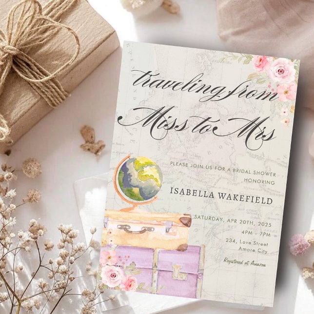 Invitación Viajar de Miss a Sra. Travel Bridal Shower (Traveling from Miss to Mrs Travel Bridal Shower Invitation)