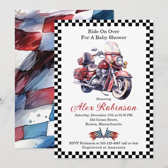 Invitación Viajar por Baby Shower en motocicleta (Anverso / Reverso)