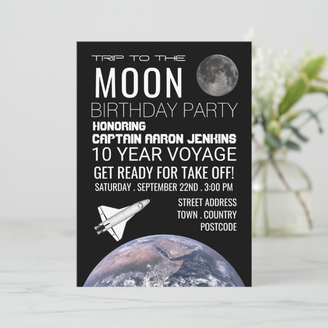 Invitación Viaje a la luna, fiesta de cumpleaños del transbor (Anverso de pie)