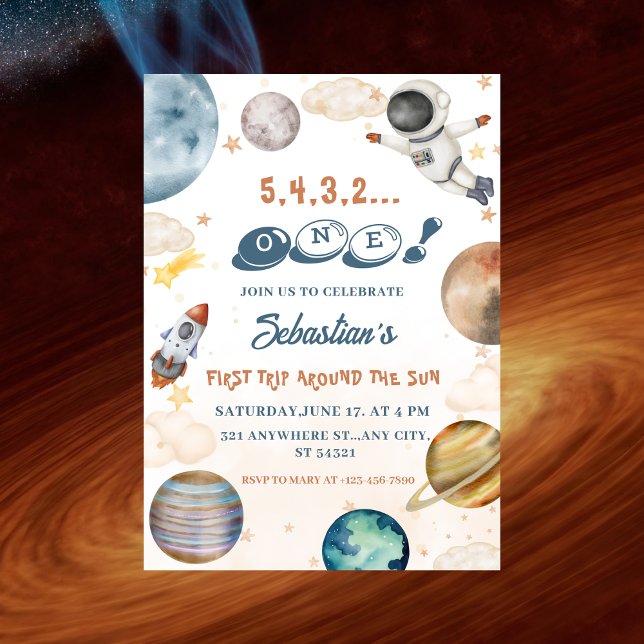 Invitación Viaje alrededor del sol | Primer cumpleaños del es (Subido por el creador)
