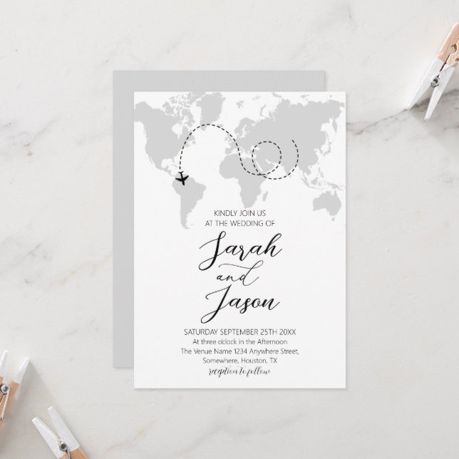 Invitación Viaje Aventura Mundo Mapa de Destino Boda (Anverso/Reverso In Situ)