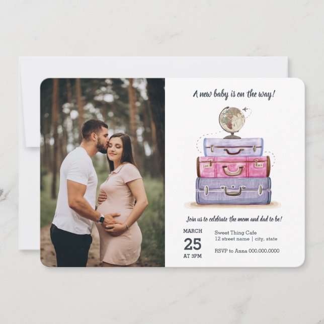 Invitación Viaje Baby Shower Pink Purple Suitcase (Anverso)