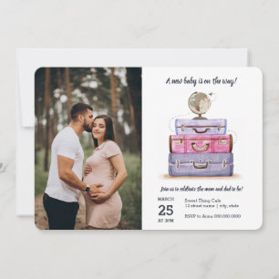 Invitación Viaje Baby Shower Pink Purple Suitcase
