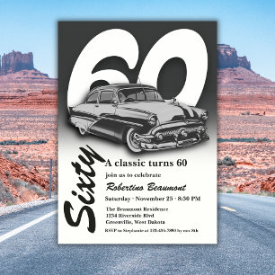 Invitación Viaje Clásico Gris Auto Cumple 60 Cumpleaños