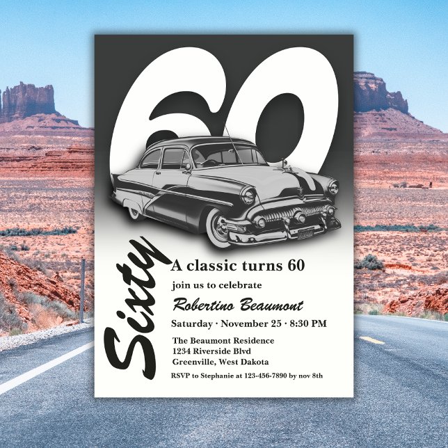 Invitación Viaje Clásico Gris Auto Cumple 60 Cumpleaños (Subido por el creador)