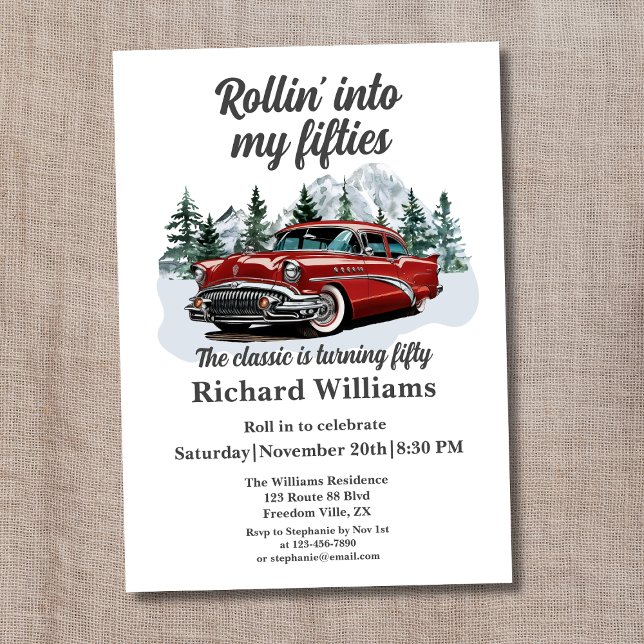 Invitación Viaje Clásico Retro Coche Rolling 50 Cumpleaños (Subido por el creador)