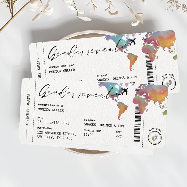 Invitación Viaje de acuarela con el género del pase de aborda (Gender Reveal Boarding Pass Watercolor Travel Aesthetic Unique Invitation Boy or Girl)