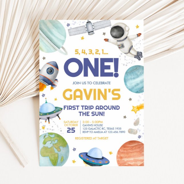 Invitación Viaje de astronautas por el cumpleaños del sol (Astronaut First Trip Around the Sun Birthday Party Invitation)