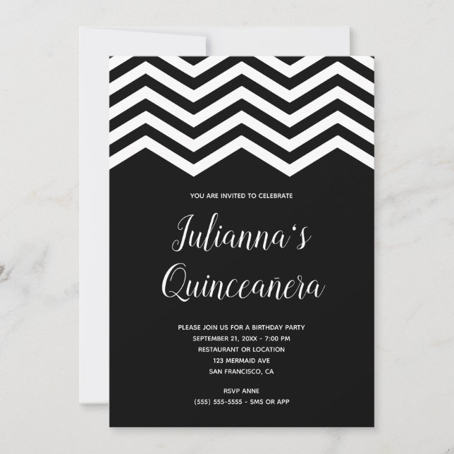 Invitación Viaje de Chevron blanco y negro Quinceañera Cumple (Anverso)