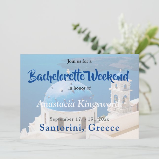 Invitación Viaje de chicas de Bachelorette Weekend Santorini (Anverso de pie)