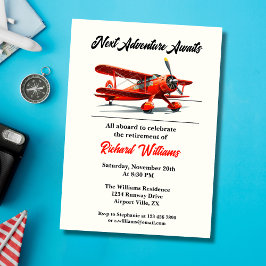 Invitación Viaje de Jubilación Tema Fiesta Avión Rojo Vintage