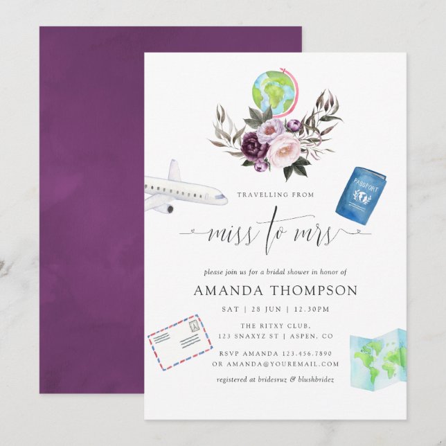 Invitación Viaje De Terciopelo Profundo De Miss A Sra. Bridal (Anverso / Reverso)