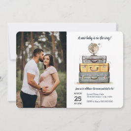 Invitación Viaje en Baby Shower con maleta gris amarillo
