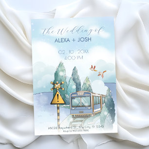 Invitación Viaje en tren de boda azul estético 