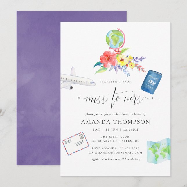 Invitación Viaje Floral De Miss A Sra. Bridal Shower (Anverso / Reverso)