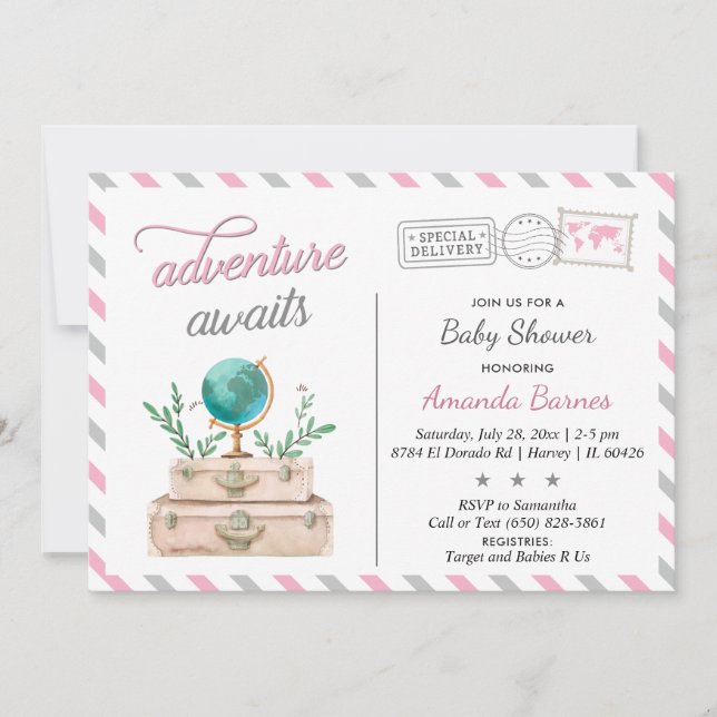 Invitación Viaje maleta bebé niña ducha aventura espera (Anverso)