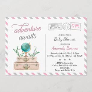 Invitación Viaje maleta bebé niña ducha aventura espera