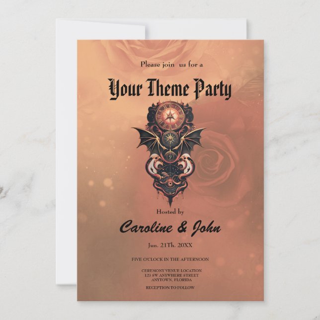 Invitación Viaje místico del tiempo con alas, reloj de vapor. (Anverso)