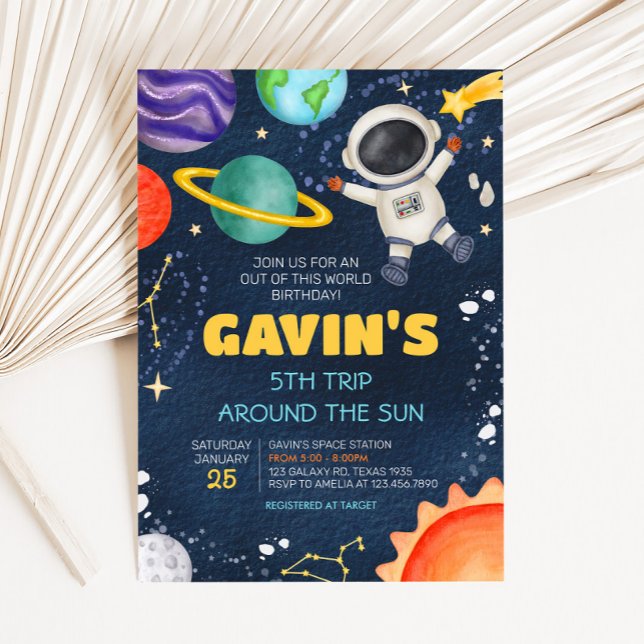 Invitación Viaje por el espacio exterior alrededor de la fies (Trip Around the Sun Outer Space Birthday Party Invitation)