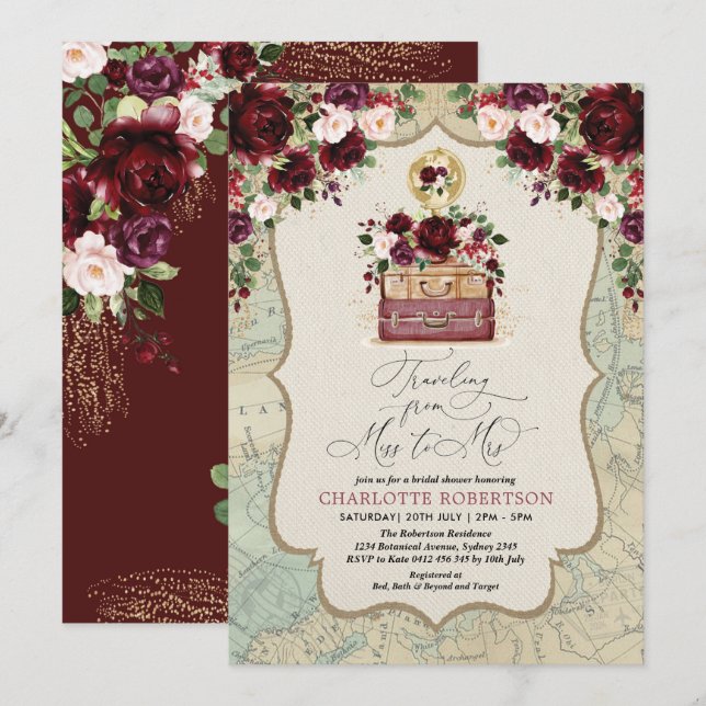 Invitación Viaje Tema Vintage Map Adventure Bridal Shower (Anverso / Reverso)