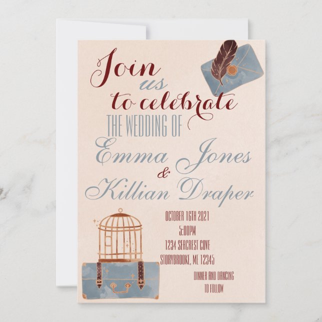 Invitación Viajes en azul y borgoña (Anverso)