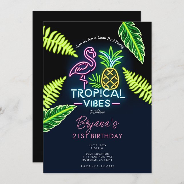 Invitación Vibes tropicales Neon Glow deja fiesta de cumpleañ (Anverso / Reverso)