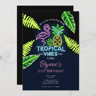 Invitación Vibes tropicales Neon Glow deja fiesta de cumpleañ