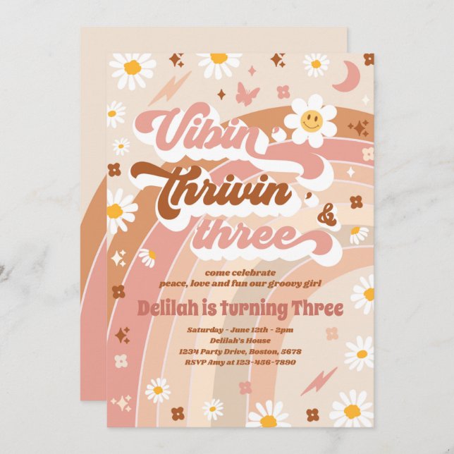 Invitación Vibin' Thrivin' Y Tres Groovy Tercer Cumpleaños (Anverso / Reverso)
