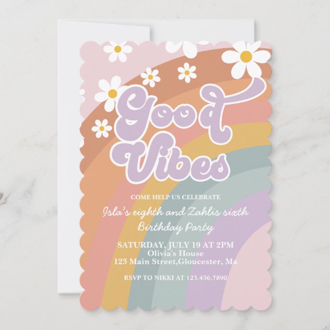 Invitación Vibraciones Retro Groovy Cumpleaños Arcoíris (Anverso)
