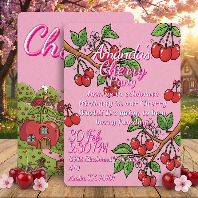 Invitación Vibraciones Rosadas de Cereza Roja Kawaii Estética (Subido por el creador)