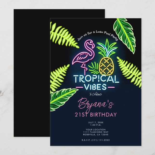 Invitación Vibraciones Tropicales Resplandor Neon Hojas Fiest (Anverso / Reverso)