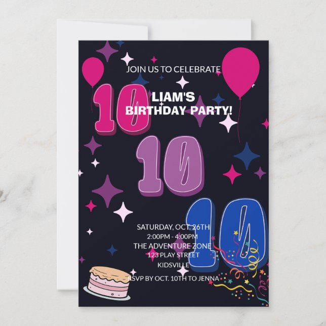 Invitación Vibrant 10th Birthday | Pink Blue Confetti (Anverso)