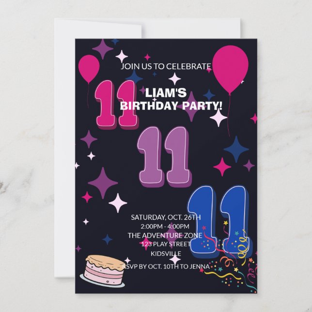 Invitación Vibrant 11th Birthday | Pink Blue Confetti (Anverso)