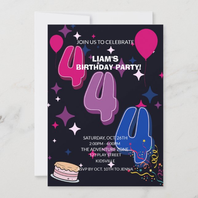 Invitación Vibrant 4th Birthday | Pink Blue Confetti (Anverso)