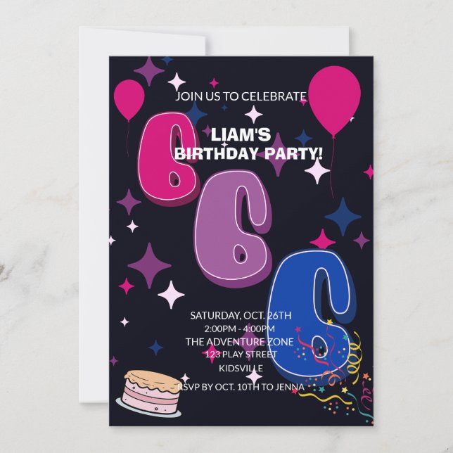 Invitación Vibrant 6th Birthday | Pink Blue Confetti (Anverso)