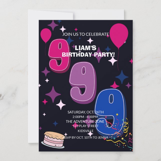 Invitación Vibrant 9th Birthday  | Pink Blue Confetti (Anverso)