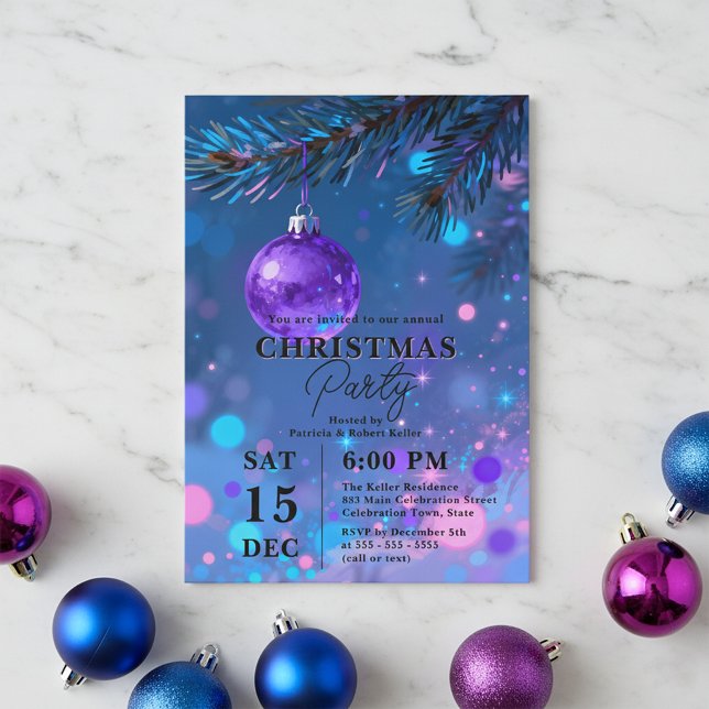 Invitación Vibrant Blue Purple Bauble Bokeh Christmas Party (Subido por el creador)