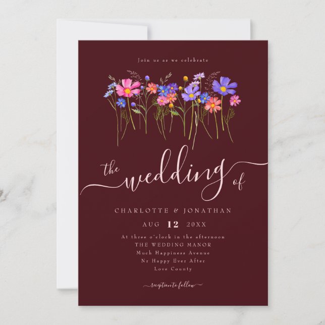 Invitación Vibrant Bold Wildflowers Burgundy Pink Wedding (Anverso)