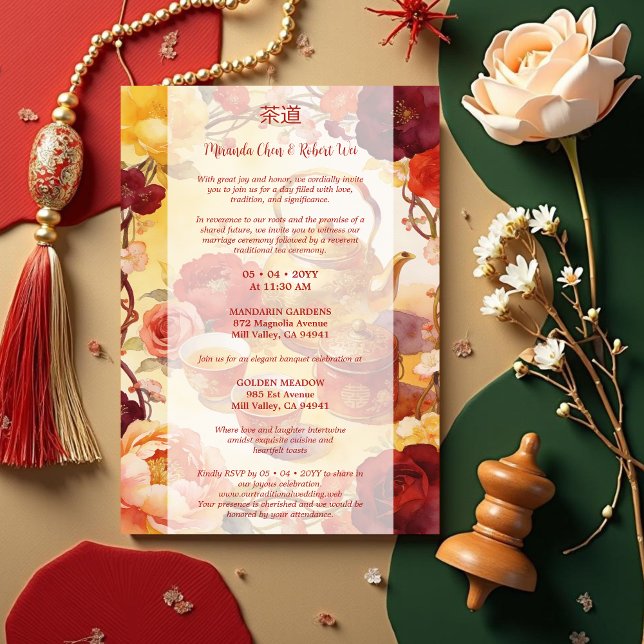 Invitación Vibrant Floral Chinese Tea Ceremony Wedding (Colorful Chinese Tea Ceremony Wedding Invitation Cadrs.)