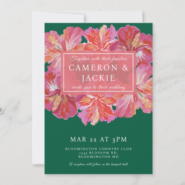 Invitación Vibrant Hibiscus Green Tropical Wedding  (Anverso)