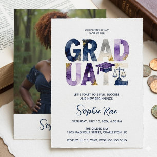 Invitación Vibrant Law Grad Purple Navy Gold Faux Glitter