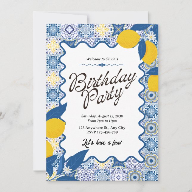 Invitación Vibrant Mediterranean Lemon & Blue Birthday (Anverso)