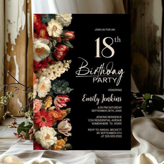 Invitación Vibrant Moody Floral Black 18th Birthday Party (Subido por el creador)