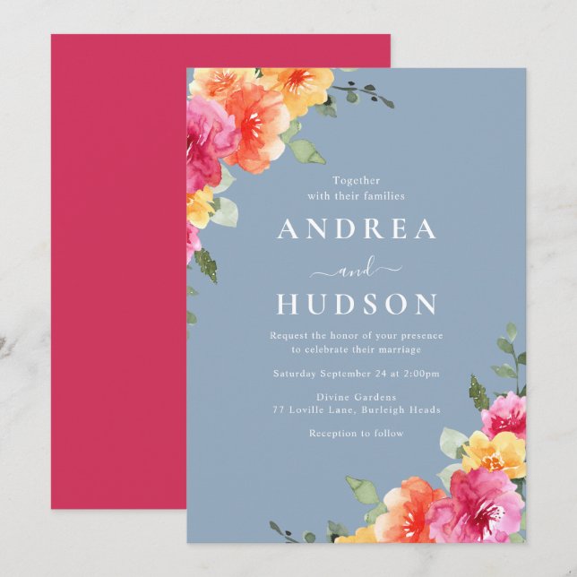 Invitación Vibrant Pink Floral Dusty Blue Wedding (Anverso / Reverso)