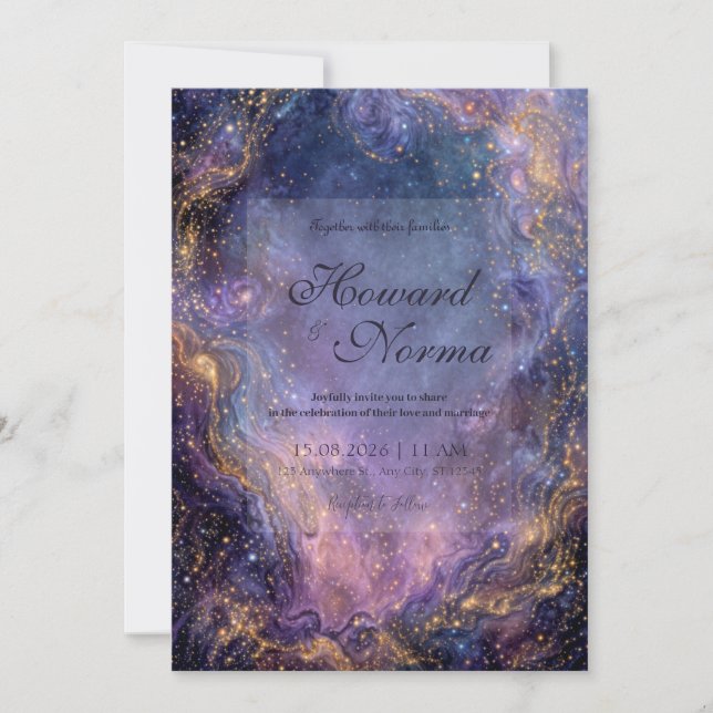 Invitación Vibrant Purple Gold Celestial Nebula Wedding (Anverso)